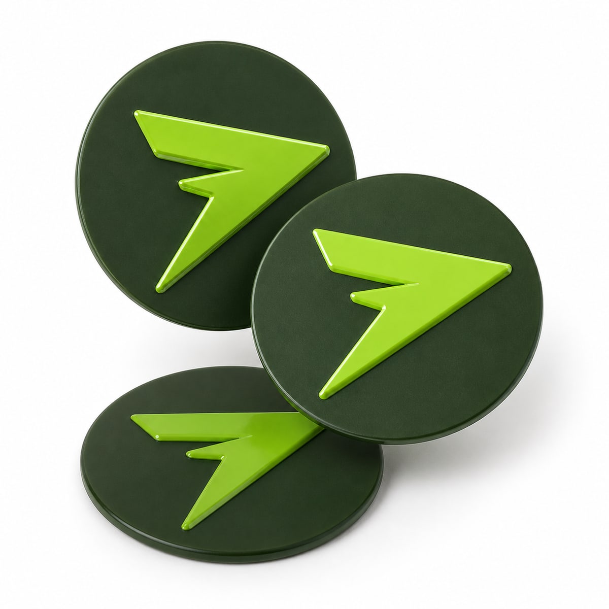 Three round forest green NFC stickers with a glossy lime bolt mark