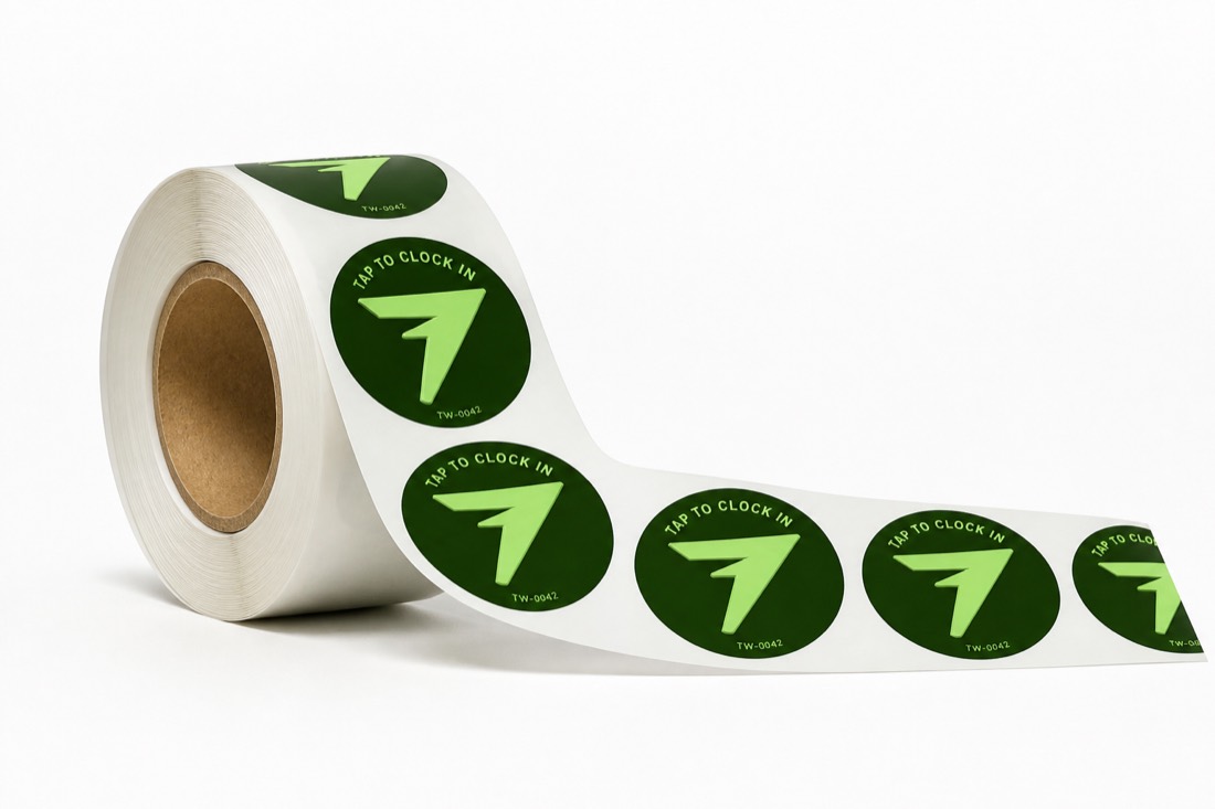 A roll of TapWren Tags on its white release liner.